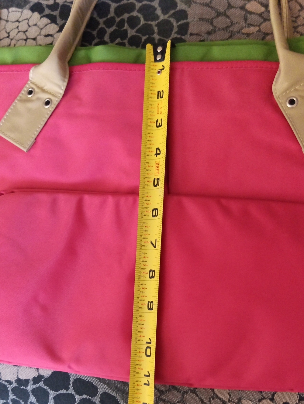 18x12x6" Waterproof Hot Pink & Apply Green Tote Bag with Tan Handles - Picture 9 of 13
